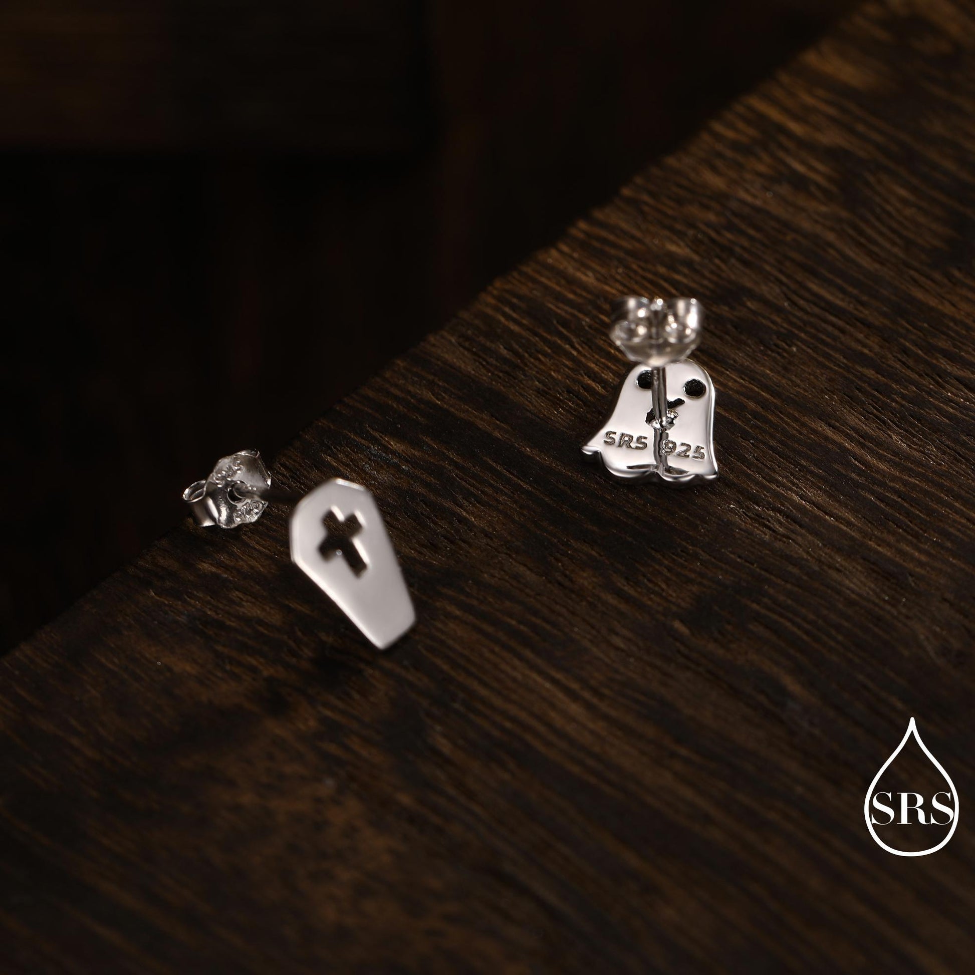 Mismatched Ghost and Coffin Stud Earrings in Sterling Silver, Asymmetric Tiny Ghost Earrings, Cute Halloween Jewellery