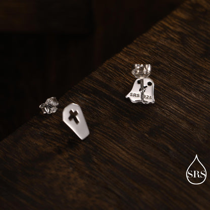 Mismatched Ghost and Coffin Stud Earrings in Sterling Silver, Asymmetric Tiny Ghost Earrings, Cute Halloween Jewellery