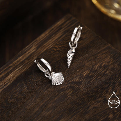 Mismatched Sea Shell Huggie Hoops Earrings in Sterling Silver, Silver or Gold or Rose Gold, Ocean Earrings, Asymmetric Sea Shell Earrings,