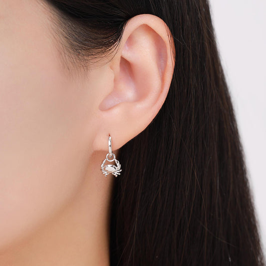 Sterling Silver Crab Dangle Huggie Hoops, Detachable Crab Hoop Earrings, Dainty Dangle Earrings, Fish Earrings, Ocean Animal