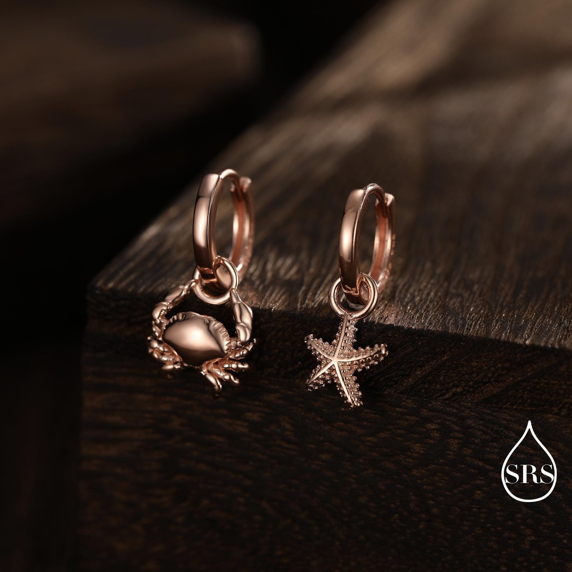Sterling Silver Crab and Starfish Huggie Hoops, Silver, Gold or Rose Gold Finish, Detachable Cute Sea Star Hoop Earrings, Starfish Earrings