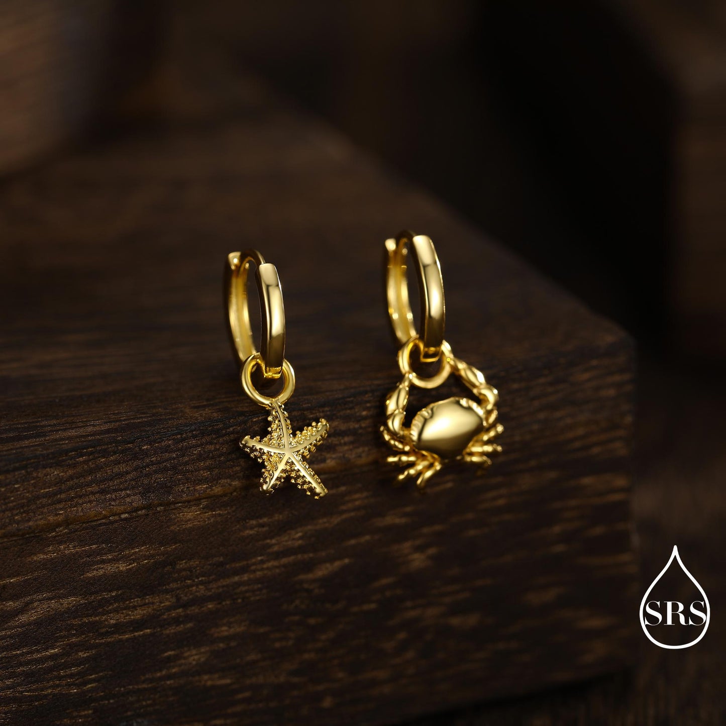 Sterling Silver Crab and Starfish Huggie Hoops, Silver, Gold or Rose Gold Finish, Detachable Cute Sea Star Hoop Earrings, Starfish Earrings