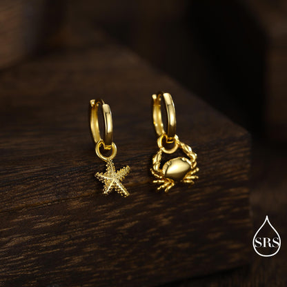 Sterling Silver Crab and Starfish Huggie Hoops, Silver, Gold or Rose Gold Finish, Detachable Cute Sea Star Hoop Earrings, Starfish Earrings