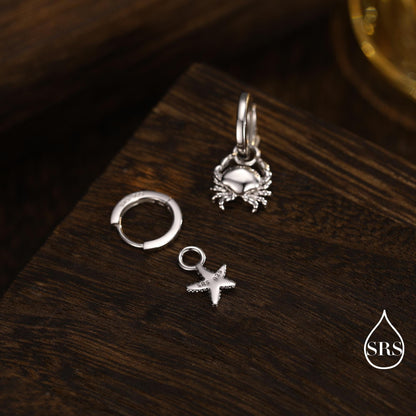 Sterling Silver Crab and Starfish Huggie Hoops, Silver, Gold or Rose Gold Finish, Detachable Cute Sea Star Hoop Earrings, Starfish Earrings