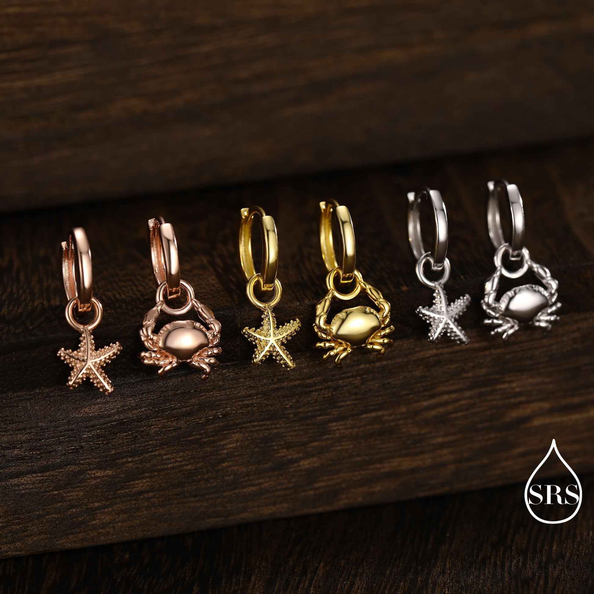 Sterling Silver Crab and Starfish Huggie Hoops, Silver, Gold or Rose Gold Finish, Detachable Cute Sea Star Hoop Earrings, Starfish Earrings
