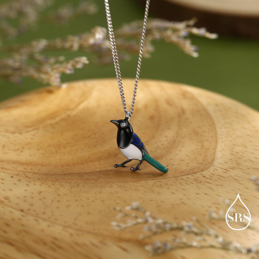 Magpie Pendant Necklace in Sterling Silver, Black Rhodium Coated Pendant, Cute Magpie Necklace, Bird Necklace, Nature Inspired