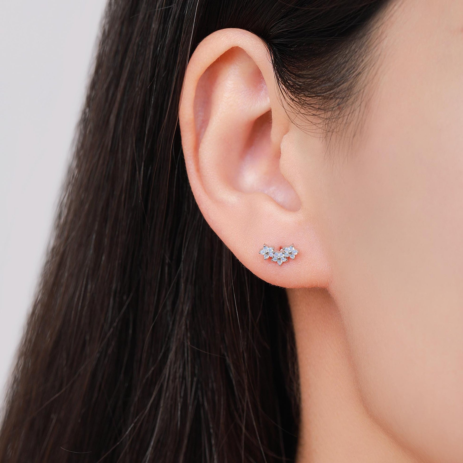 Internally Threaded CZ Flower Flat Back Earrings in Sterling Silver, Opal Blue Forget Me Not Flower Bouquet CZ Earrings, Gold or Rose Gold