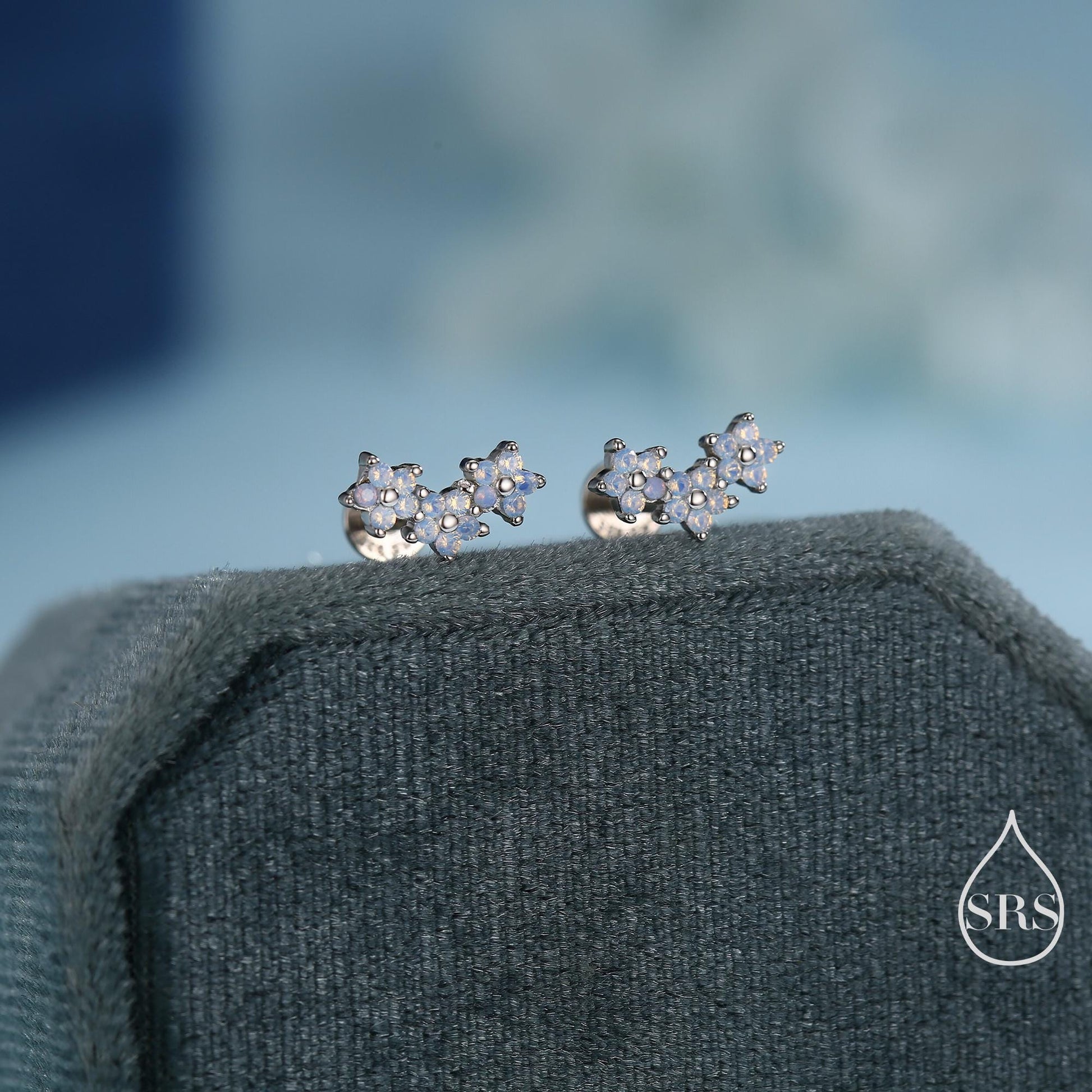 Internally Threaded CZ Flower Flat Back Earrings in Sterling Silver, Opal Blue Forget Me Not Flower Bouquet CZ Earrings, Gold or Rose Gold