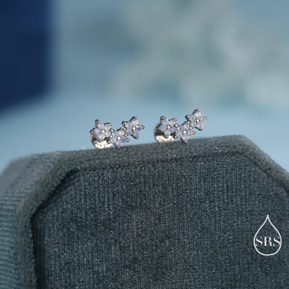 Internally Threaded CZ Flower Flat Back Earrings in Sterling Silver, Opal Blue Forget Me Not Flower Bouquet CZ Earrings, Gold or Rose Gold