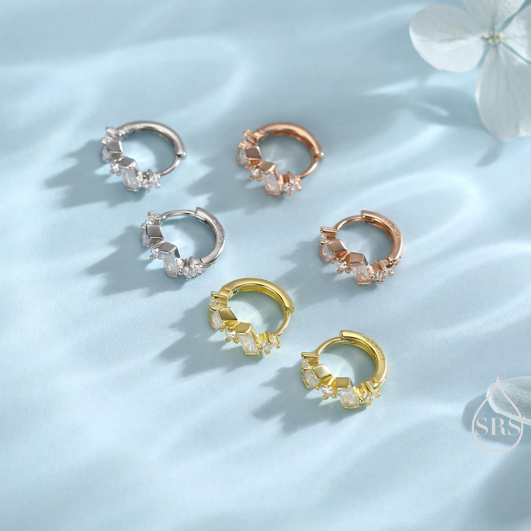 Baguette CZ Cluster Huggie Hoop in Sterling Silver, Silver or Gold, Geometric Hoop Earrings