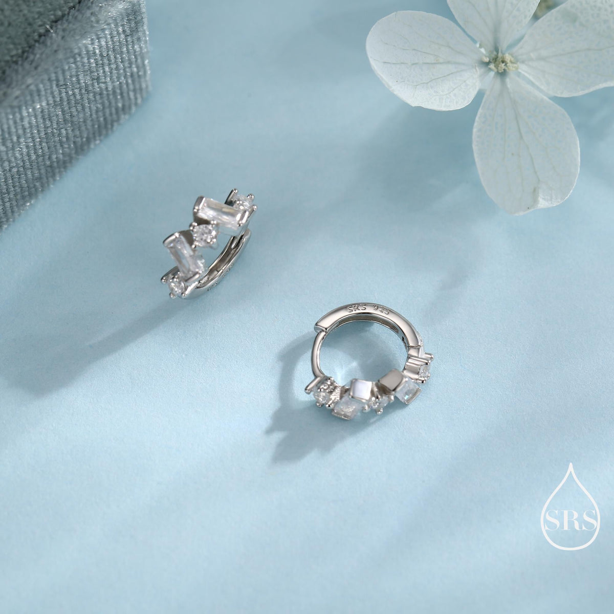 Baguette CZ Cluster Huggie Hoop in Sterling Silver, Silver or Gold, Geometric Hoop Earrings
