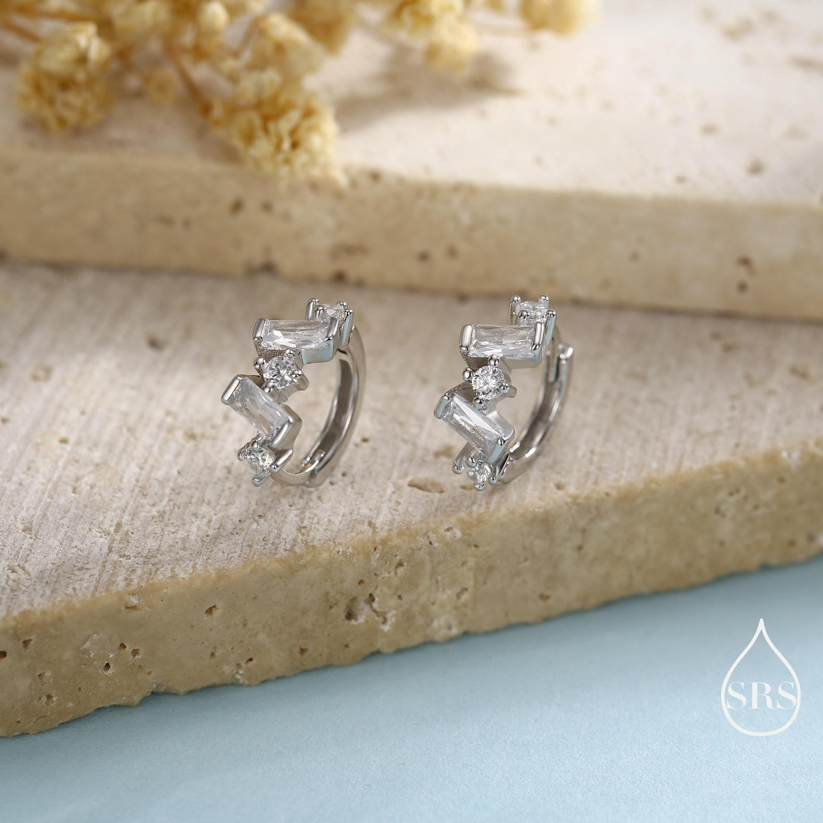 Baguette CZ Cluster Huggie Hoop in Sterling Silver, Silver or Gold, Geometric Hoop Earrings