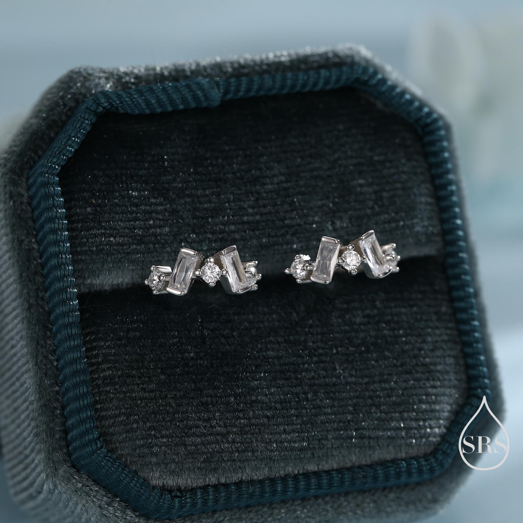 Baguette CZ Cluster Huggie Hoop in Sterling Silver, Silver or Gold, Geometric Hoop Earrings