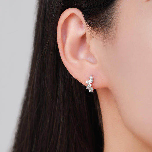Baguette CZ Cluster Huggie Hoop in Sterling Silver, Silver or Gold, Geometric Hoop Earrings