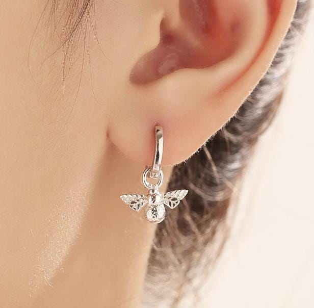 Bumble Bee Charms for Huggie Hoops in Sterling Silver, Sold as a Pair, Insect Charms for Hoops