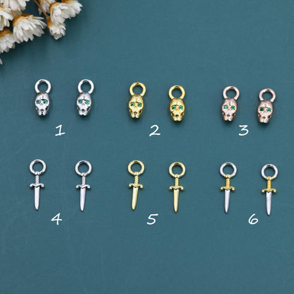 Skull and Sword Charms for Huggie Hoops, Sold as a pair, Sterling Silver Charms for Earrings, Detachable, Silver or Gold or Rose Gold
