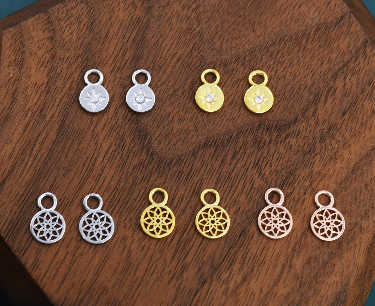 Disk Charms for Huggie Hoops in Sterling Silver, Sold as a pair, Mandala Flower Disk Charms for Earrings, Silver, Gold or Rose Gold