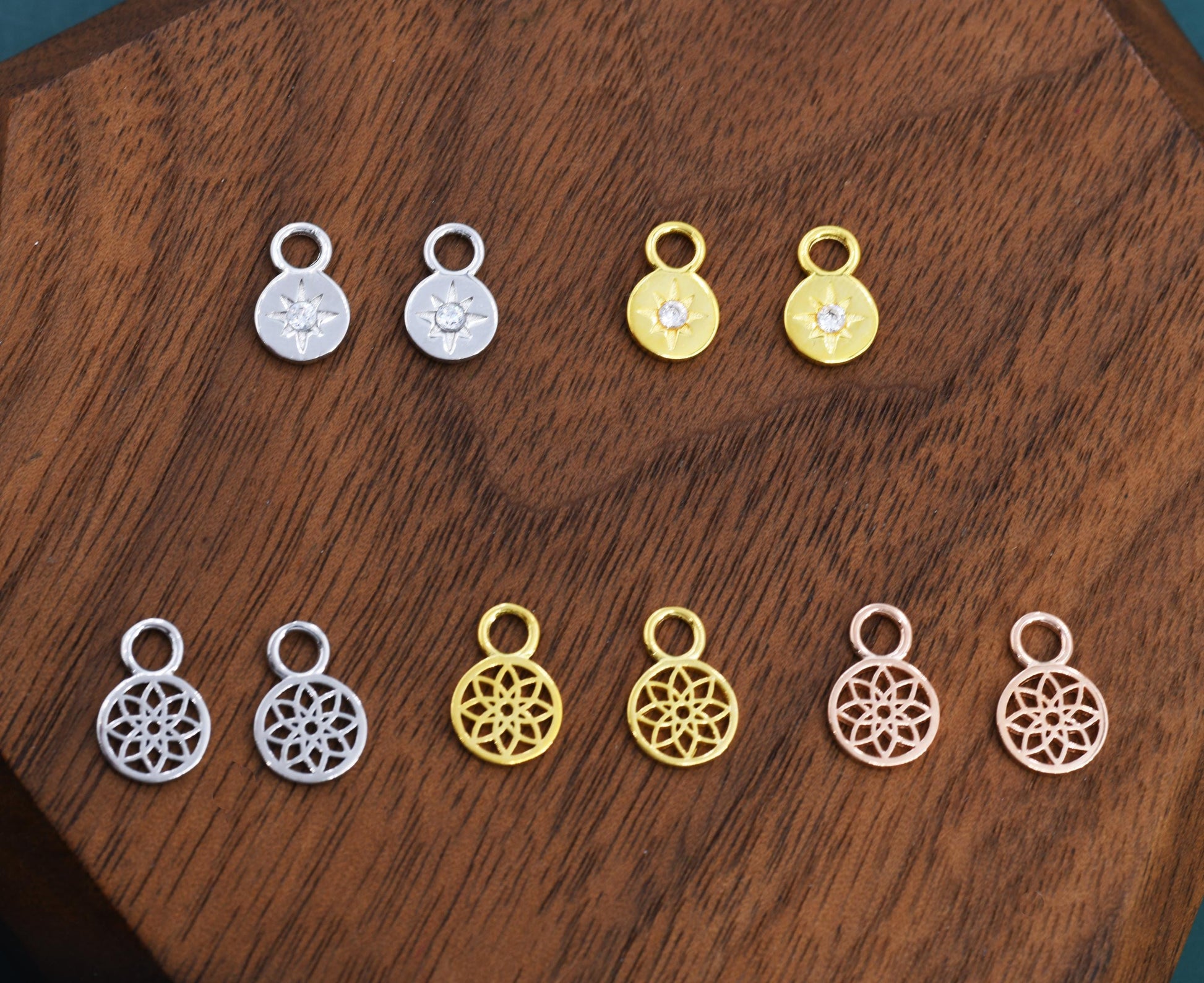 Disk Charms for Huggie Hoops in Sterling Silver, Sold as a pair, Mandala Flower Disk Charms for Earrings, Silver, Gold or Rose Gold