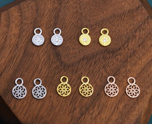 Disk Charms for Huggie Hoops in Sterling Silver, Sold as a pair, Mandala Flower Disk Charms for Earrings, Silver, Gold or Rose Gold