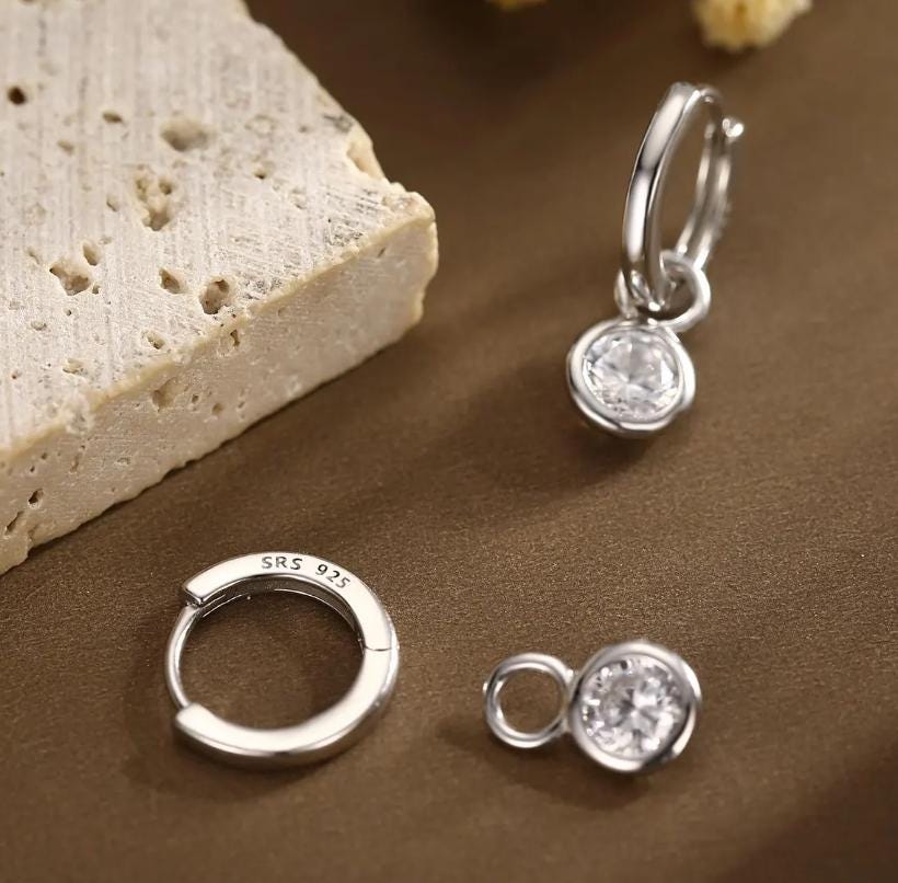 Birthstone CZ Charms for Huggie Hoops in Sterling Silver, Gold, or Rose Gold Finish, Detachable Earrings Charms