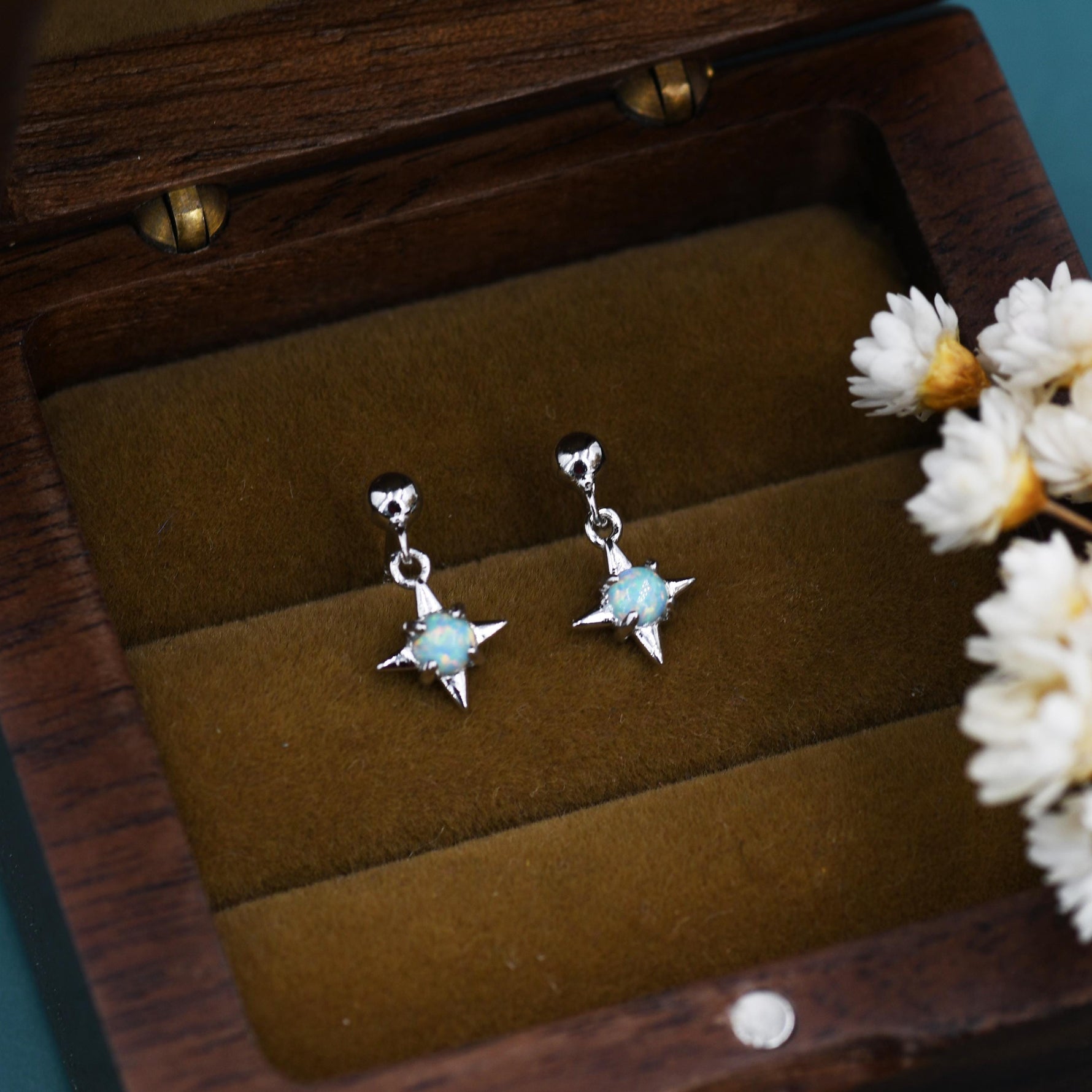Aqua Green Opal Star Dangle Stud Earrings in Sterling Silver, Silver or Gold, Lab Opal Star Earrings, Sunburst Earrings, Celestial Earrings