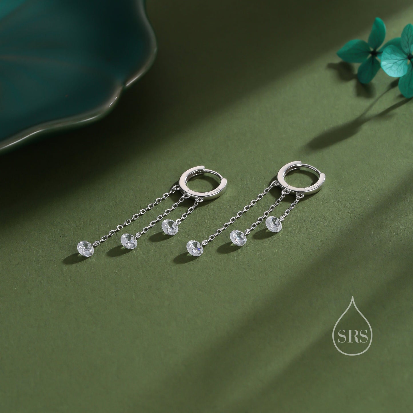 CZ Cascade Huggie Hoop Earrings in Sterling Silver, Silver or Gold, Geometric CZ Dangle Hoop Earrings, CZ Hoop Earrings