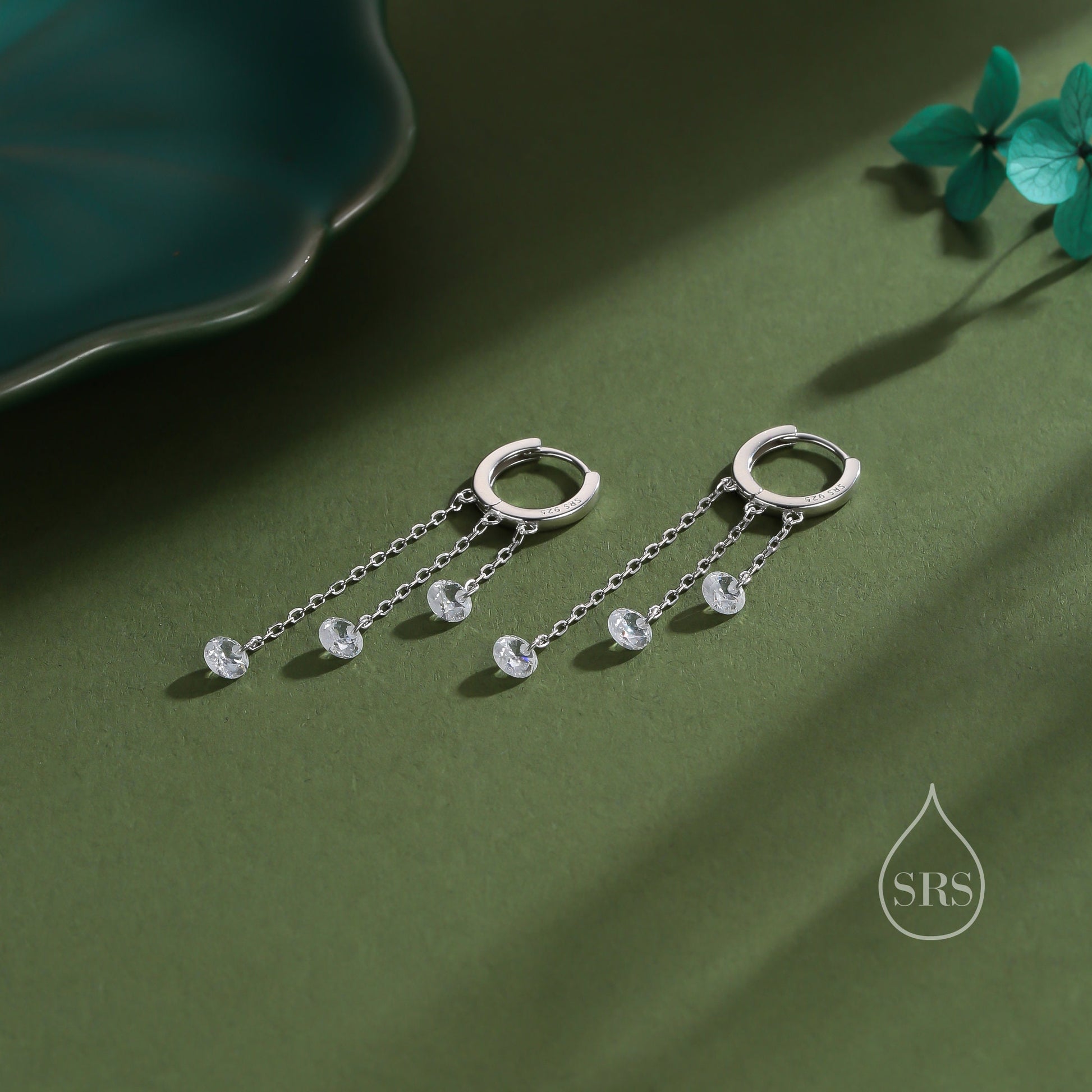 CZ Cascade Huggie Hoop Earrings in Sterling Silver, Silver or Gold, Geometric CZ Dangle Hoop Earrings, CZ Hoop Earrings