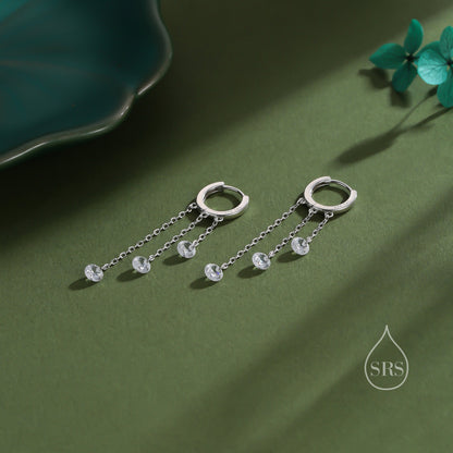 CZ Cascade Huggie Hoop Earrings in Sterling Silver, Silver or Gold, Geometric CZ Dangle Hoop Earrings, CZ Hoop Earrings