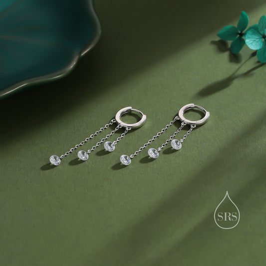 CZ Cascade Huggie Hoop Earrings in Sterling Silver, Silver or Gold, Geometric CZ Dangle Hoop Earrings, CZ Hoop Earrings