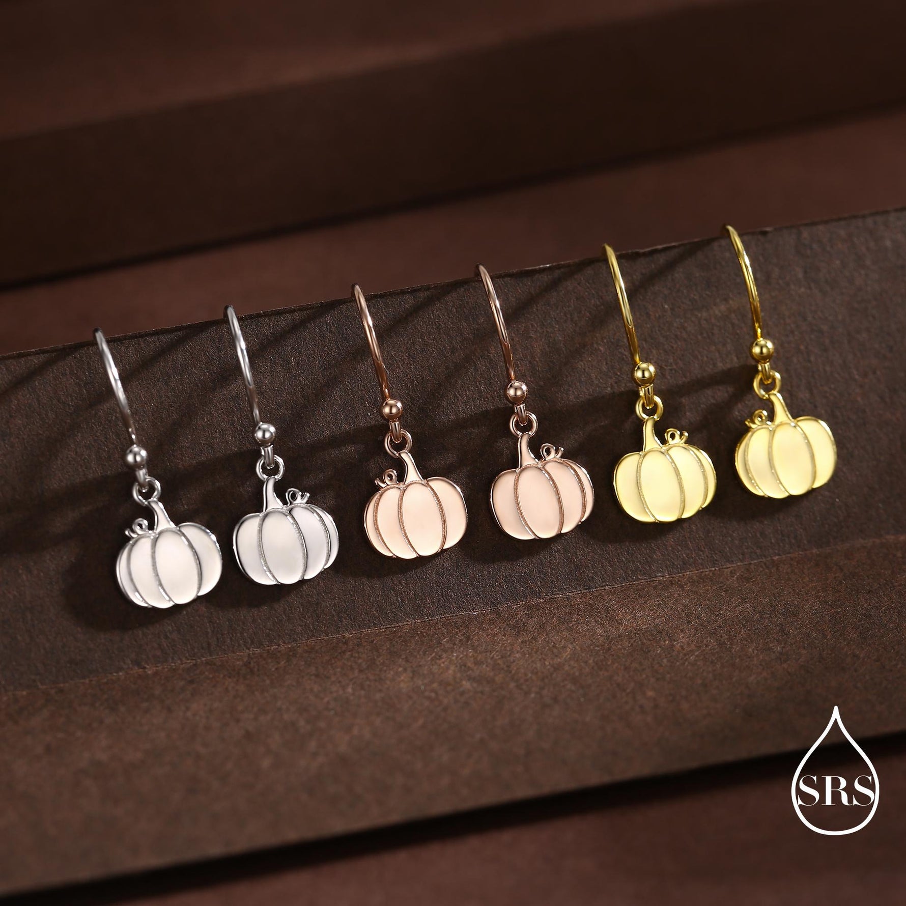 Pumpkin Drop Hook Earrings in Sterling Silver, Silver, Gold or Rose Gold Finish, Tiny Pumpkin Earrings, Halloween Earrings
