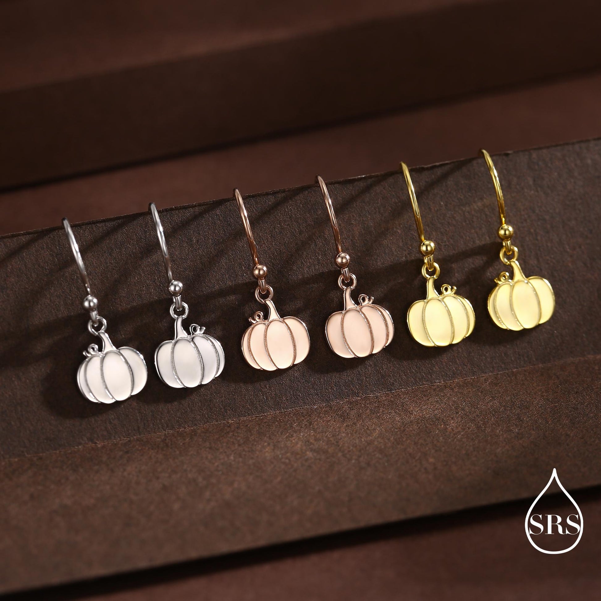 Pumpkin Drop Hook Earrings in Sterling Silver, Silver, Gold or Rose Gold Finish, Tiny Pumpkin Earrings, Halloween Earrings