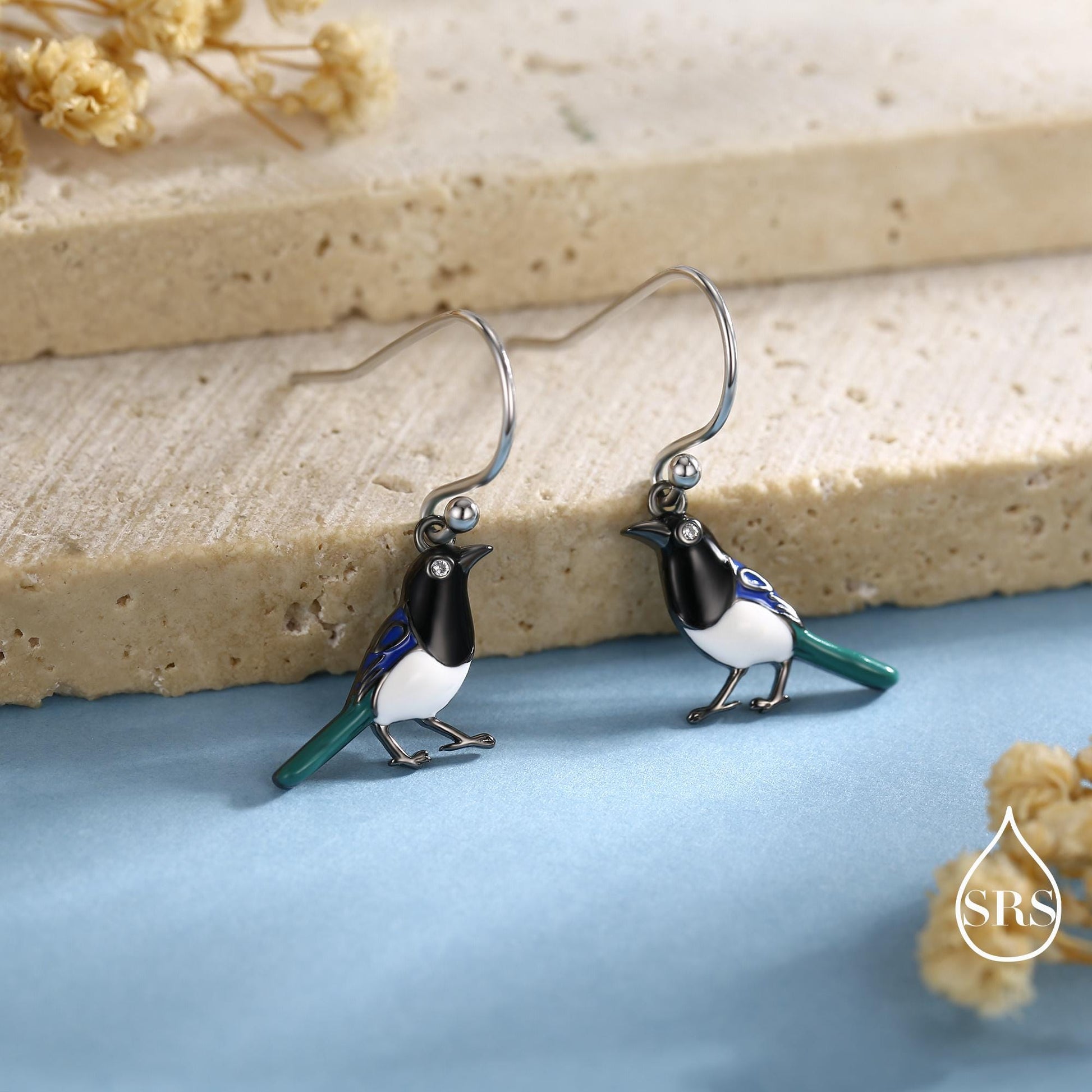 Sterling Silver Magpie Drop Hook Earrings, Enamel Coated Magpie Bird Earrings, Nature-Inspired Animal Earrings, Magpie Earrings