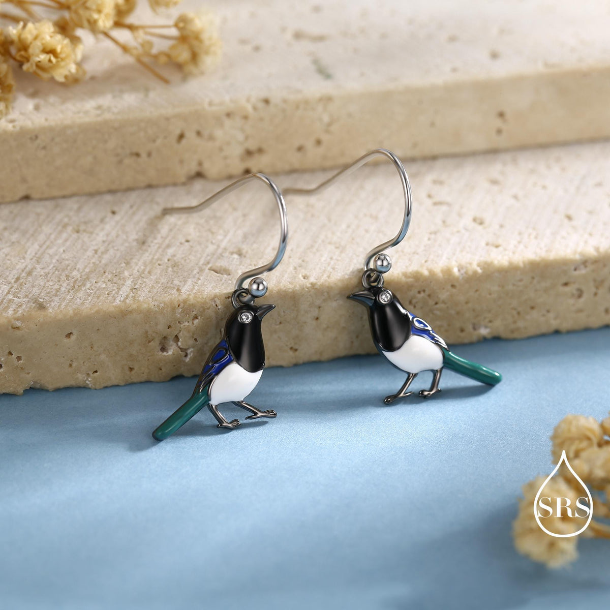 Sterling Silver Magpie Drop Hook Earrings, Enamel Coated Magpie Bird Earrings, Nature-Inspired Animal Earrings, Magpie Earrings