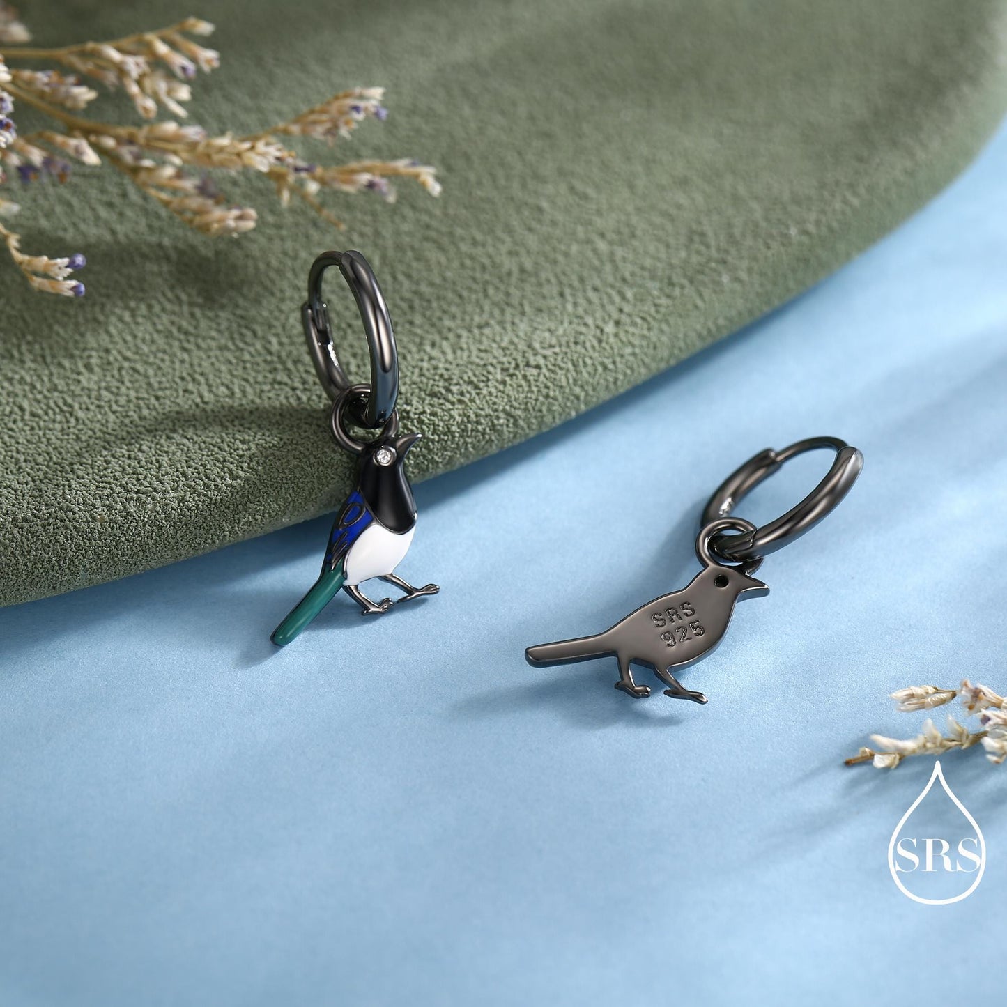 Magpie Charm Hoops and Pendant Necklace in Sterling Silver, Black Rhodium Coated, Cute Magpie Necklace and Earrings, Nature Inspired