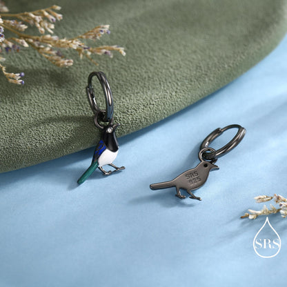 Magpie Charm Hoops and Pendant Necklace in Sterling Silver, Black Rhodium Coated, Cute Magpie Necklace and Earrings, Nature Inspired