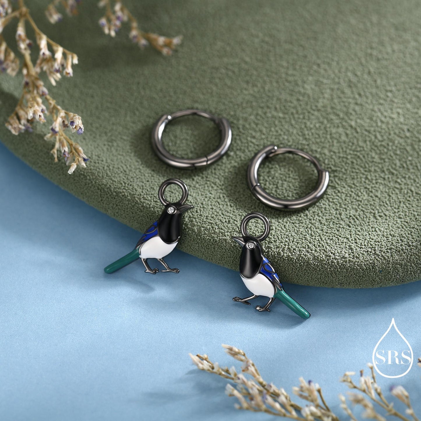 Magpie Charm Hoops and Pendant Necklace in Sterling Silver, Black Rhodium Coated, Cute Magpie Necklace and Earrings, Nature Inspired