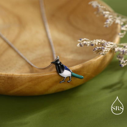 Magpie Drop Hook Earrings and Pendant Necklace in Sterling Silver, Black Rhodium Coated, Cute Magpie Necklace and Earrings, Nature Inspired