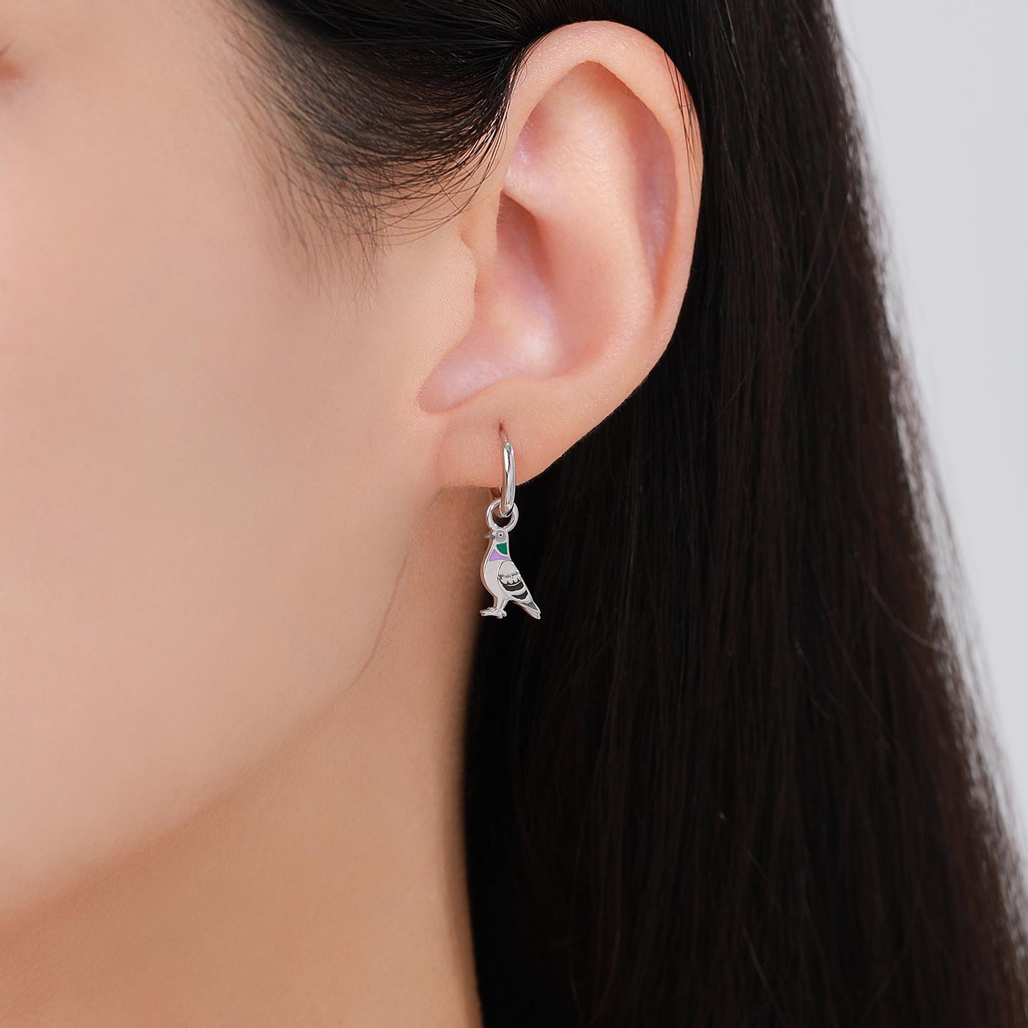 Pigeon Enamel Huggie Hoop Earrings in Sterling Silver, Detachable Pigeon Bird Hoop Earrings, Nature-Inspired Animal Earrings