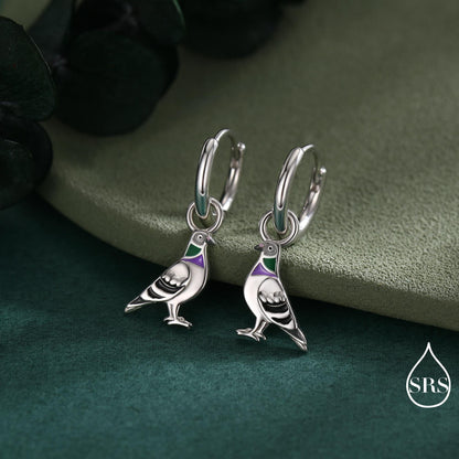 Pigeon Enamel Huggie Hoop Earrings in Sterling Silver, Detachable Pigeon Bird Hoop Earrings, Nature-Inspired Animal Earrings