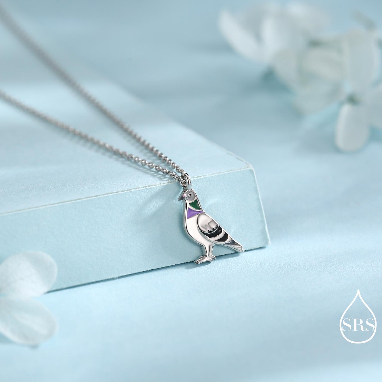Pigeon Charm Hoops and Pendant Necklace in Sterling Silver, Rhodium Coated Cute Pigeon Necklace and Earrings, Nature Inspired