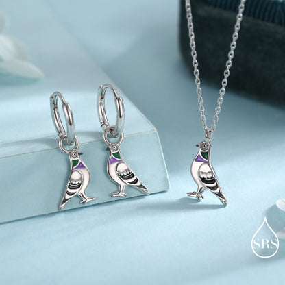 Pigeon Charm Hoops and Pendant Necklace in Sterling Silver, Rhodium Coated Cute Pigeon Necklace and Earrings, Nature Inspired