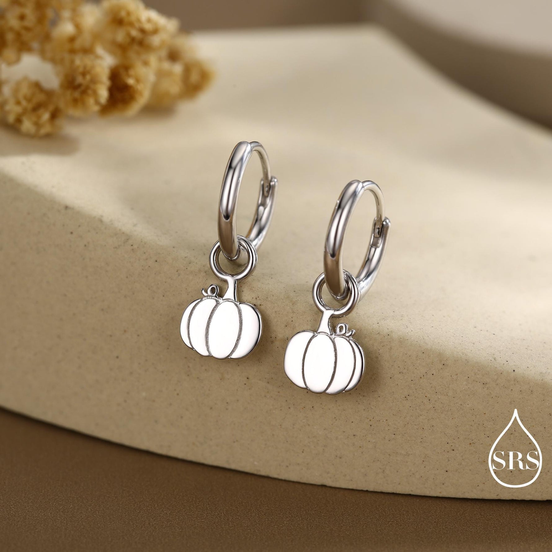 Cute Pumpkin Huggie Hoops Earrings in Sterling Silver, Silver or Gold or Rose Gold Finish, Pumpkin Earrings, Detachable Charms