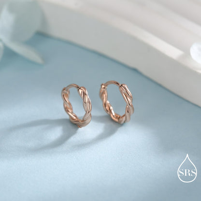 Sterling Silver Dainty Braided Hoop Earrings, 8mm or 10mm, Minimalist and Delicate Twist Rope Hoop Earrings, Silver, Gold, Rose Gold Finish