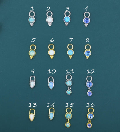 Opal or Moonstone Charms for Huggie Hoops, Sterling Silver Double Round Circle Opal Charms for Earrings, Detachable, Silver or Gold,