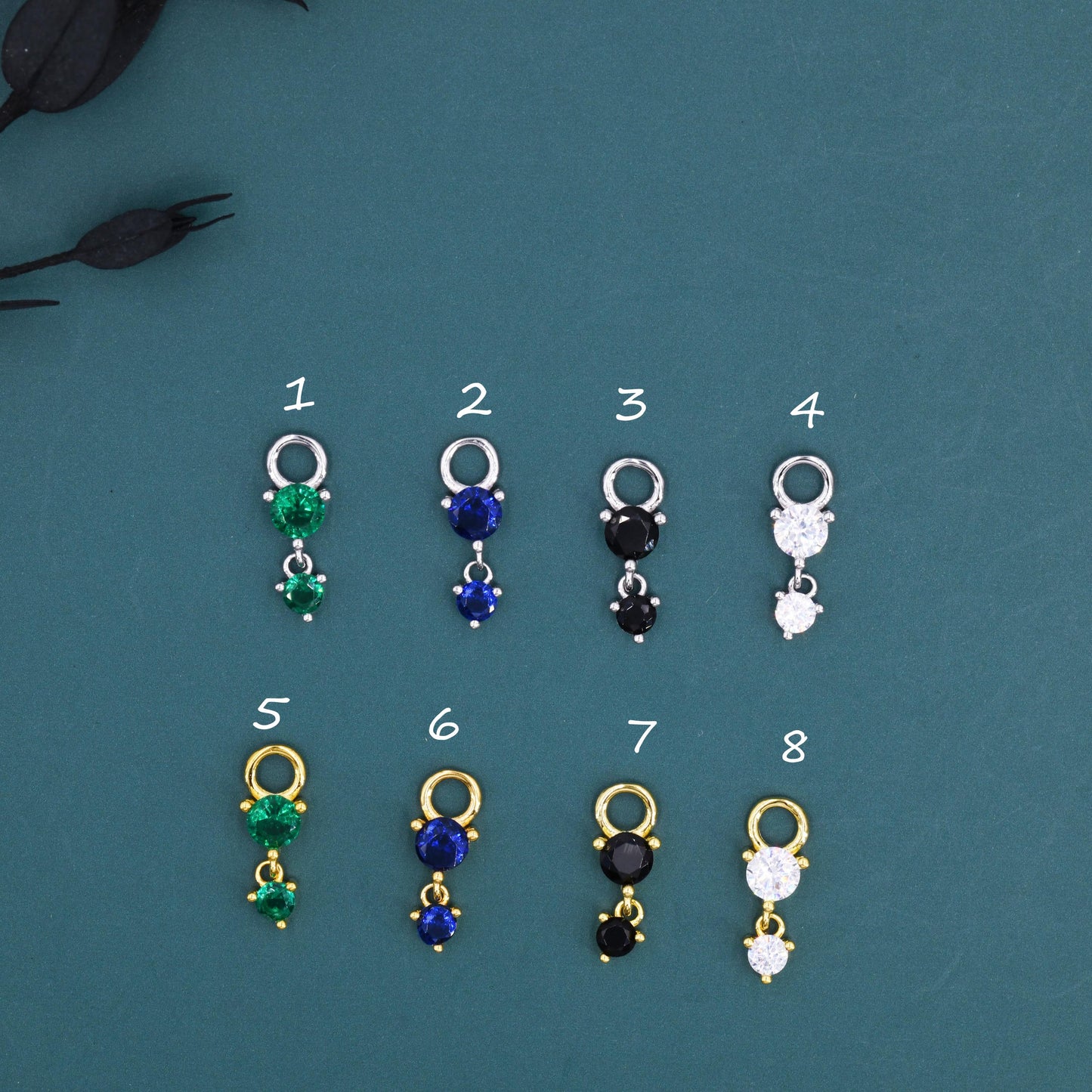 Double CZ Charms for Huggie Hoops in Sterling Silver, Sold as a Pair, CZ Charms for Earrings, Detachable, Silver or Gold,