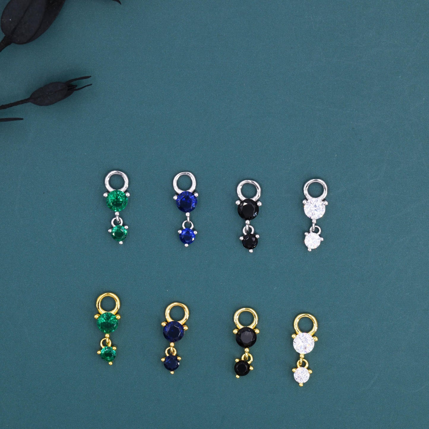 Double CZ Charms for Huggie Hoops in Sterling Silver, Sold as a Pair, CZ Charms for Earrings, Detachable, Silver or Gold,