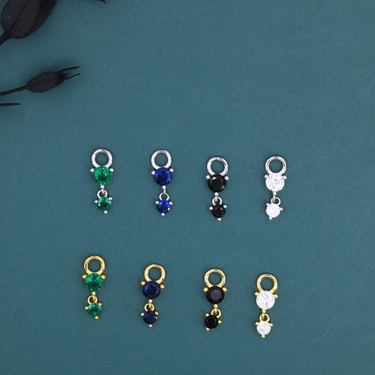 Double CZ Charms for Huggie Hoops in Sterling Silver, Sold as a Pair, CZ Charms for Earrings, Detachable, Silver or Gold,