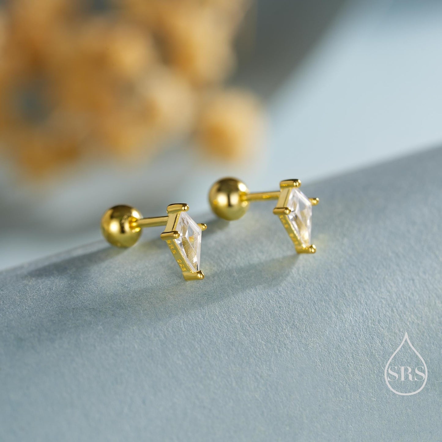 Rhombus CZ Screwback / Flat Back/ Stud Earrings in Sterling Silver, Silver or Gold, Kite Shape Crystal Earrings, Geometric Minimalist Design