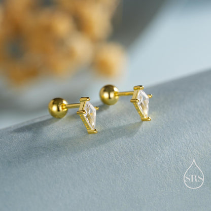 Rhombus CZ Screwback / Flat Back/ Stud Earrings in Sterling Silver, Silver or Gold, Kite Shape Crystal Earrings, Geometric Minimalist Design
