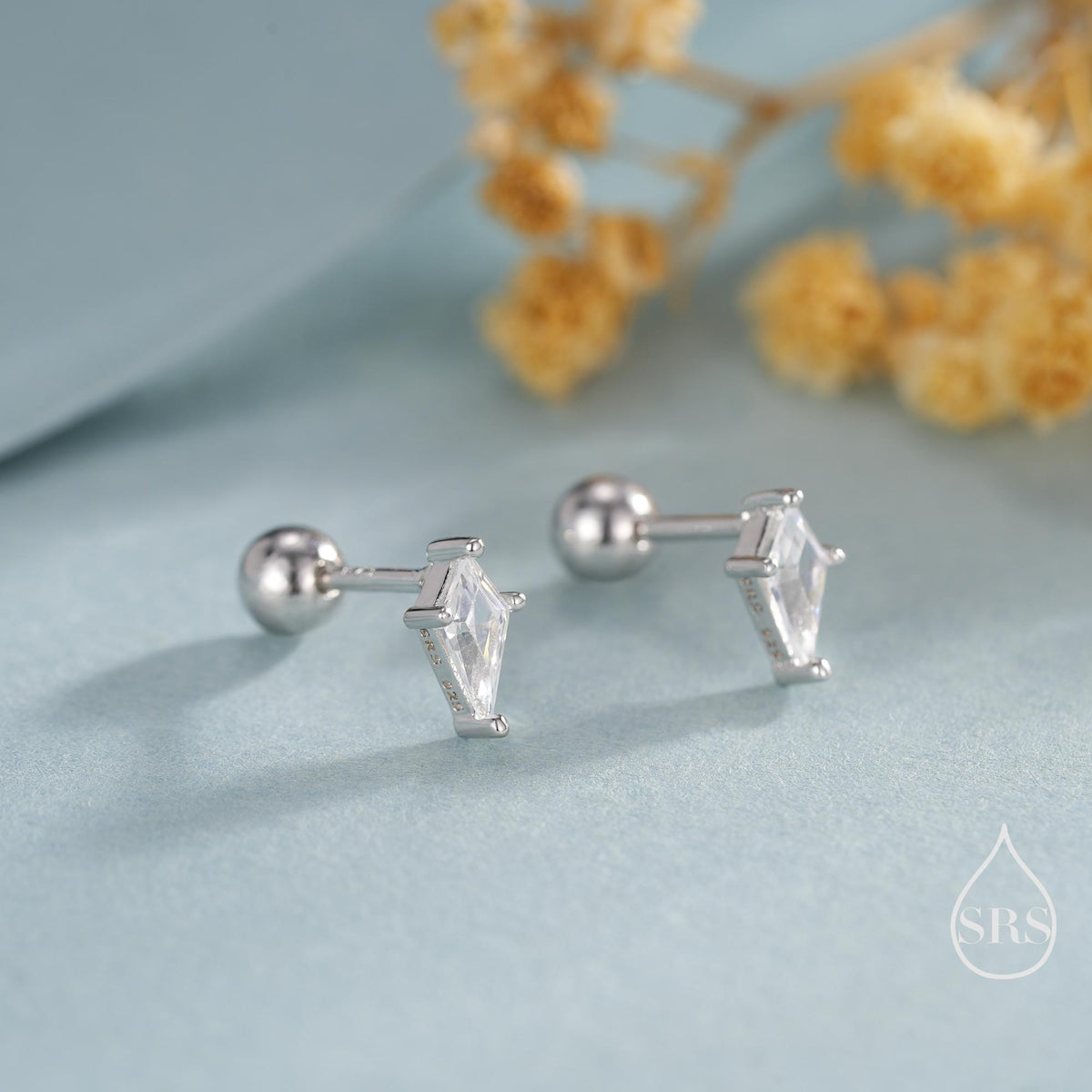 Rhombus CZ Screwback / Flat Back/ Stud Earrings in Sterling Silver, Silver or Gold, Kite Shape Crystal Earrings, Geometric Minimalist Design